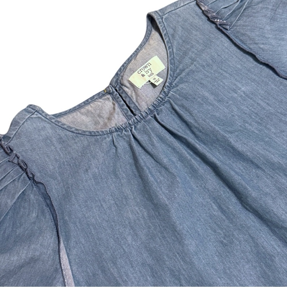 Crown & Ivy Kids Chambray Denim Dress Girl Size 10 Flutter Sleeve - Picture 3 of 6